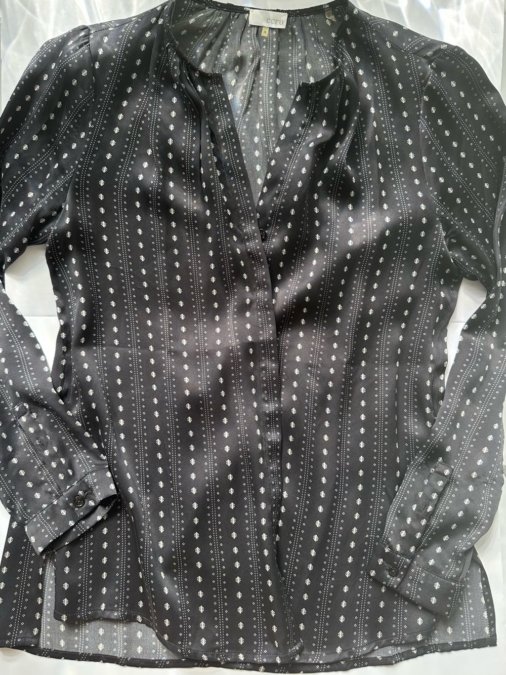 ecru Silk Black V-Neck Printed Long-Sleeve Blouse